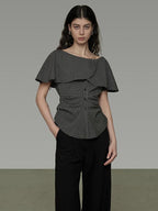 unspoken Breathable Minimal Loose Ruffle Boatneck Women Plaid Button Short Sleeve Blouses