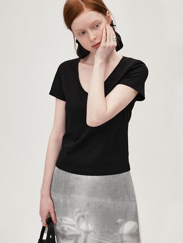 fano Cotton Tencel V-neck Straight Fit Women Black White Short Sleeve T-Shirts