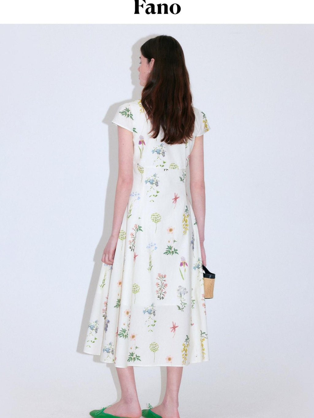 fano Cotton High Waist A Line V-neck Short Sleeve Floral Ivory Korean Maxi Dresses