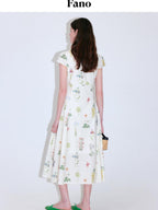 fano Cotton High Waist A Line V-neck Short Sleeve Floral Ivory Korean Maxi Dresses