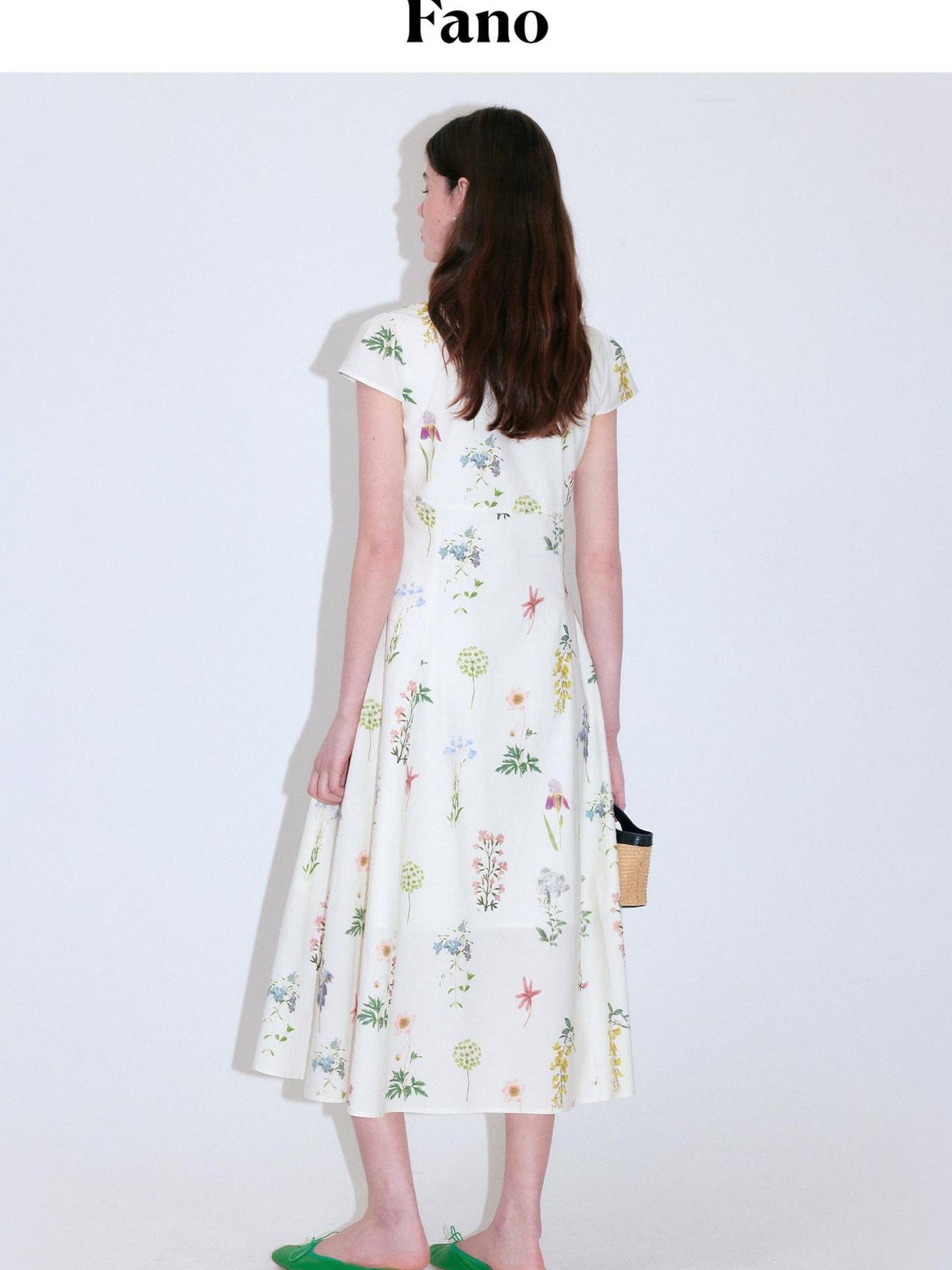 fano Cotton High Waist A Line V-neck Short Sleeve Floral Ivory Korean Maxi Dresses