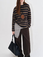 fano Acrylic Knit Striped Crew Neck Oversized Casual Women Long Sleeve T-Shirts