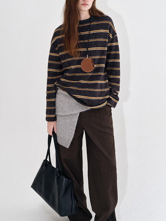 fano Acrylic Knit Striped Crew Neck Oversized Casual Women Long Sleeve T-Shirts
