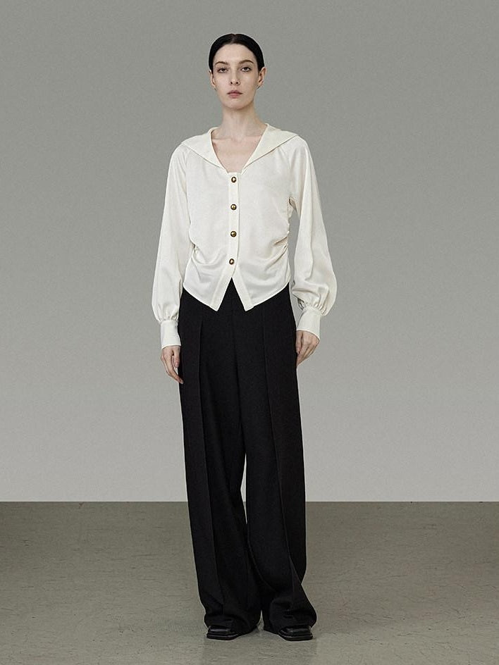 unspoken Cream Polyester Sailor Collar Button Front Loose Fit Office Minimalist Blouses