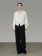 unspoken Cream Polyester Sailor Collar Button Front Loose Fit Office Minimalist Blouses