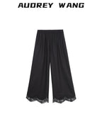 audreyyang Minimalist Wide Leg Elastic Natural Waist Women Polyester Straight Pants