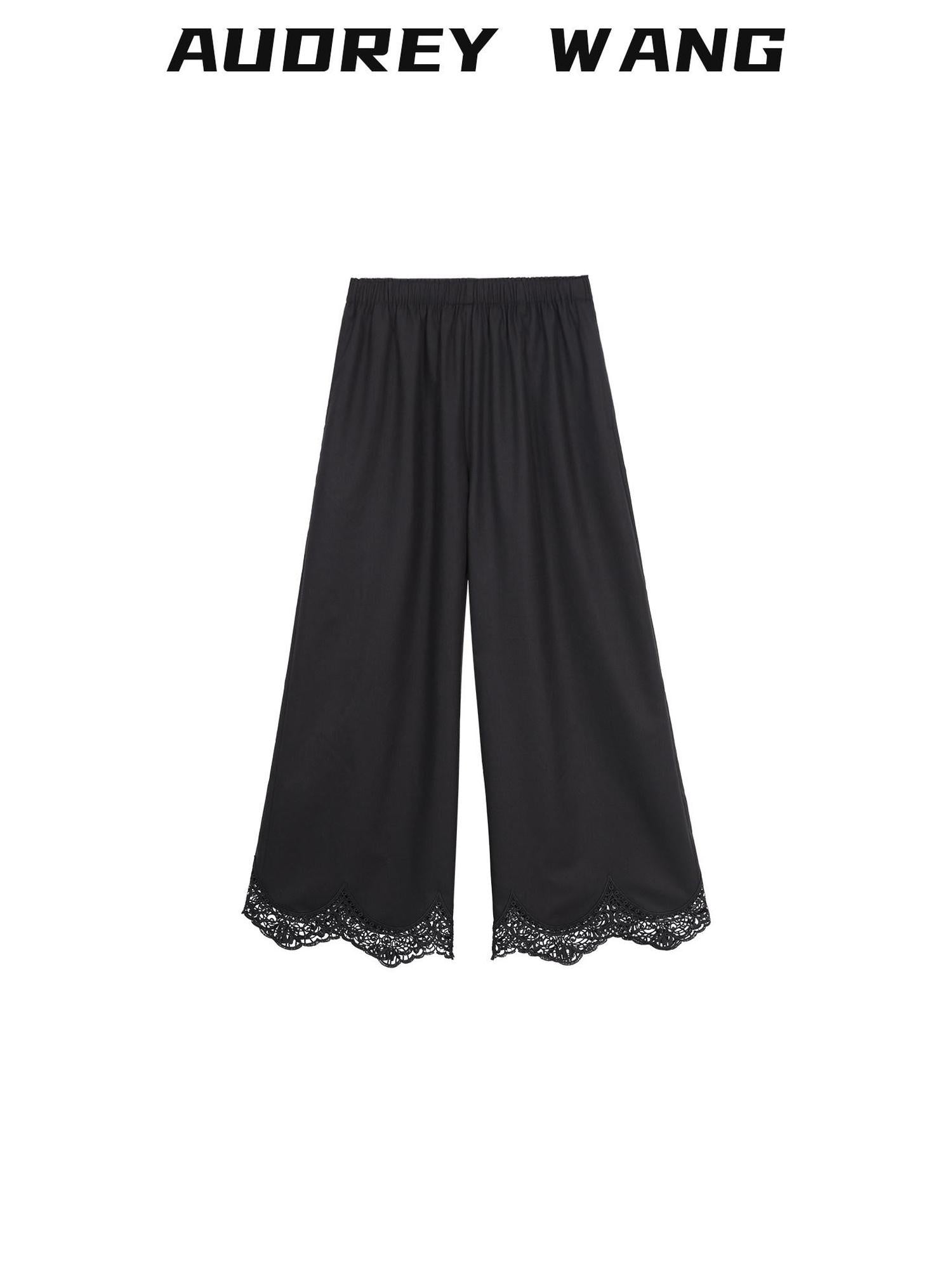audreyyang Minimalist Wide Leg Elastic Natural Waist Women Polyester Straight Pants