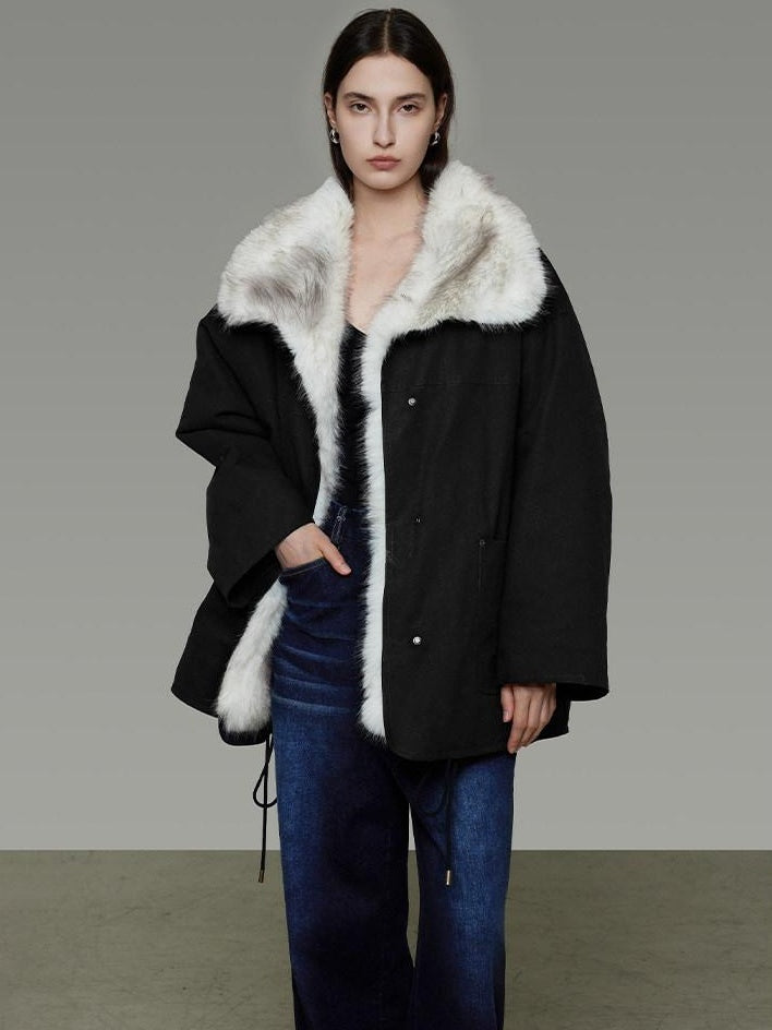 unspoken Fur Lined Thick Minimal Commuter Loose 3D Tailored Cotton Navy Puffer Jackets
