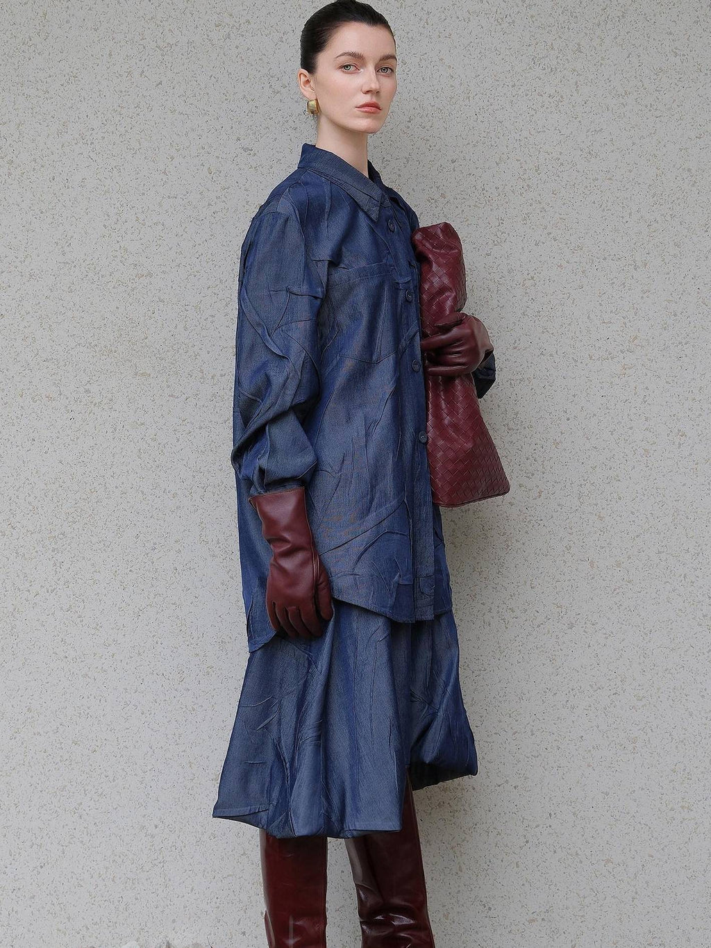 audreyyang Original Pleated Faux Denim Relaxed Buttoned Collared Girls Top & Skirt Sets