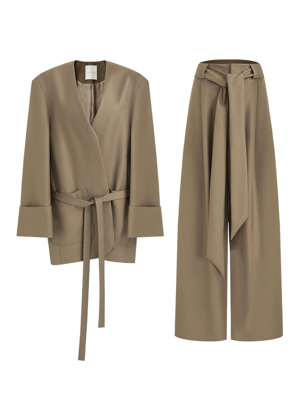 unspoken Minimal Slim Tailored Blazer High Waist Long Pants Women Brown Top & Pants Sets