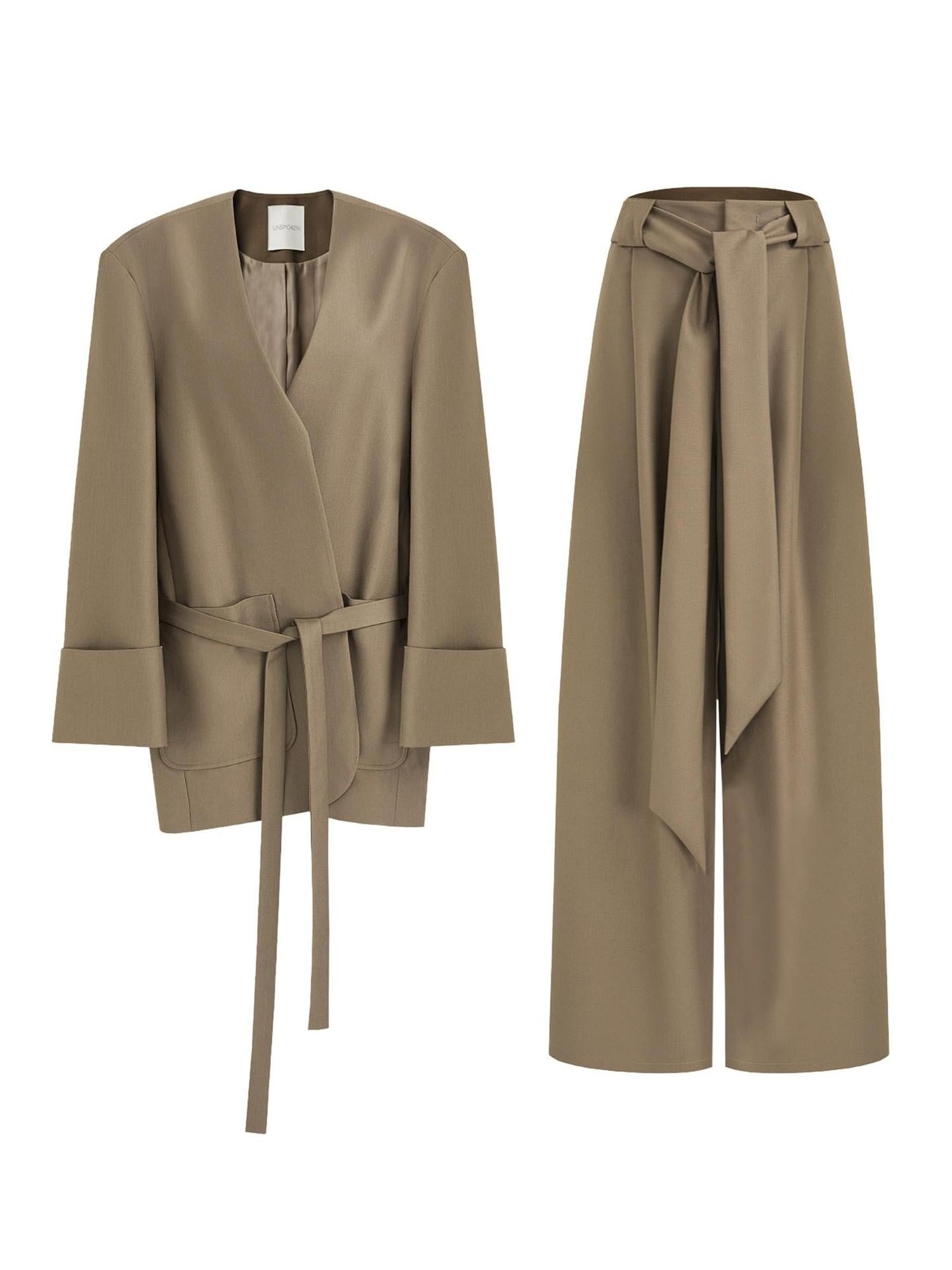 unspoken Minimal Slim Tailored Blazer High Waist Long Pants Women Brown Top & Pants Sets