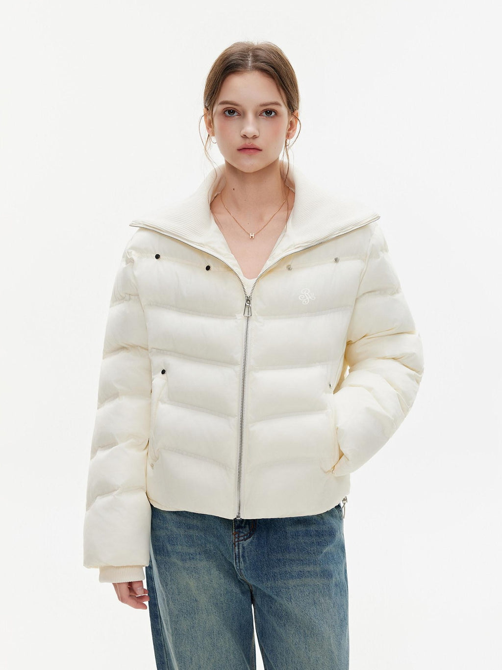 ikyou Warm Thick Commuter Loose Pocket Embroidery Zipper White Padded Puffer Jackets