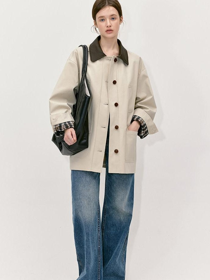 fano Patchwork Loose Fit Korean Casual 100 Percent Cotton Green Khaki Short Coat