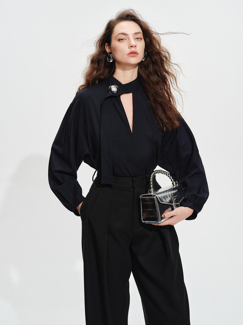 audreyyang Shape Retaining Loose Long Lantern Sleeve Pullover Navy Polyester Women Blouses