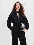 audreyyang Shape Retaining Loose Long Lantern Sleeve Pullover Navy Polyester Women Blouses
