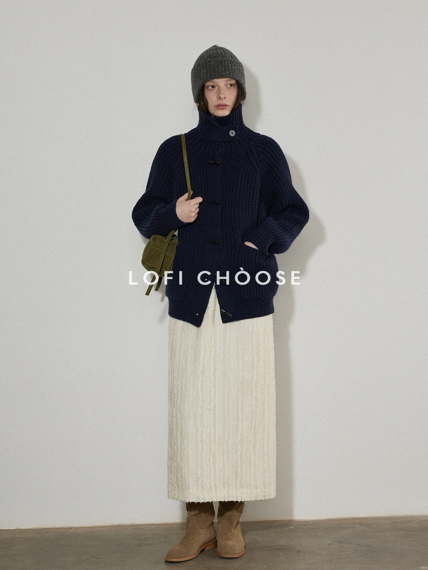 Lofi choose Warm Thick Loose Fit Workwear Button Front Long Sleeve Mid Length Knit Cardigans