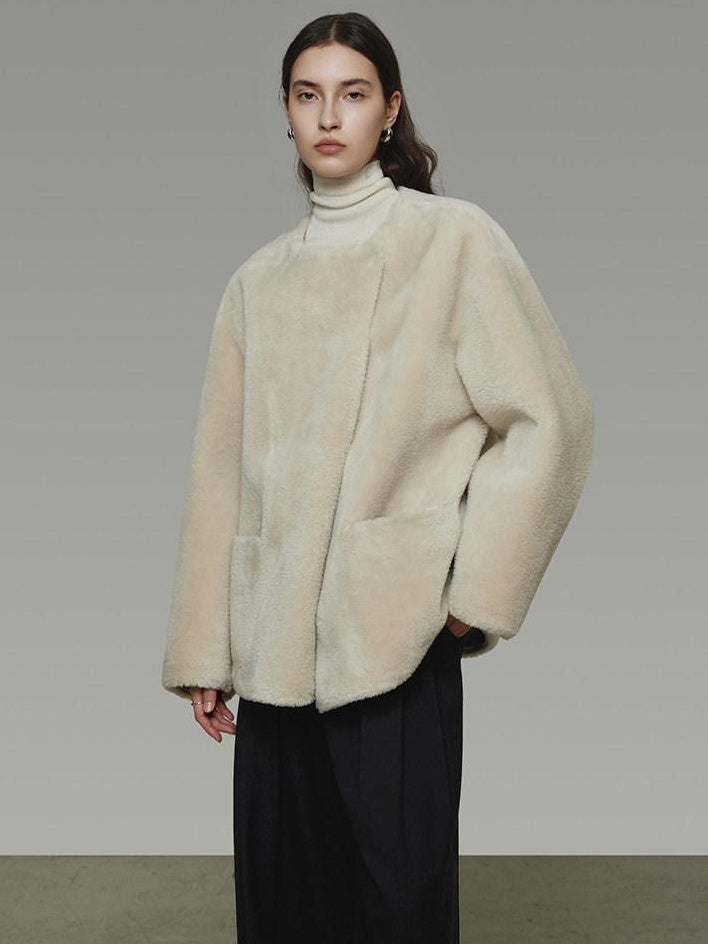 unspoken Warm Cream Collarless Minimalist Relaxed Fit Women Polyester Short Coat