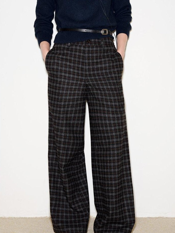 fano Wool Blend Plaid Relaxed Natural Waist Elastic Pocket Women Straight Pants