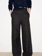 fano Wool Blend Plaid Relaxed Natural Waist Elastic Pocket Women Straight Pants
