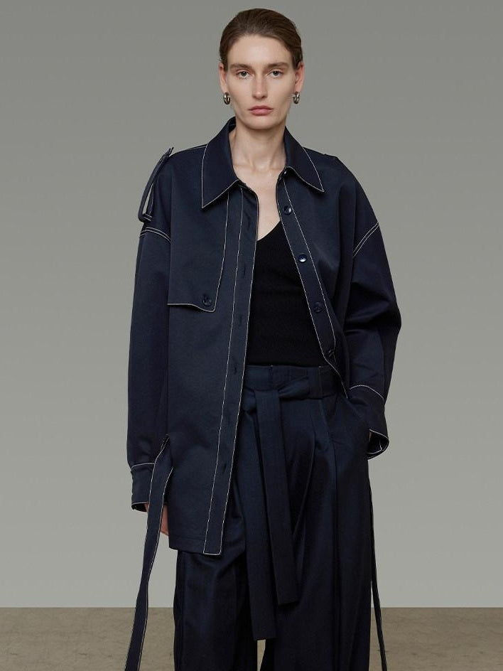 unspoken Vintage Loose Fit Irregular Pocket Detail Women Navy Polyester Trench Coats