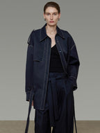 unspoken Vintage Loose Fit Irregular Pocket Detail Women Navy Polyester Trench Coats