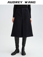 audreyyang 100% Sheep Wool Loose Natural Waist Zip Fly Black Mid-Length Shorts