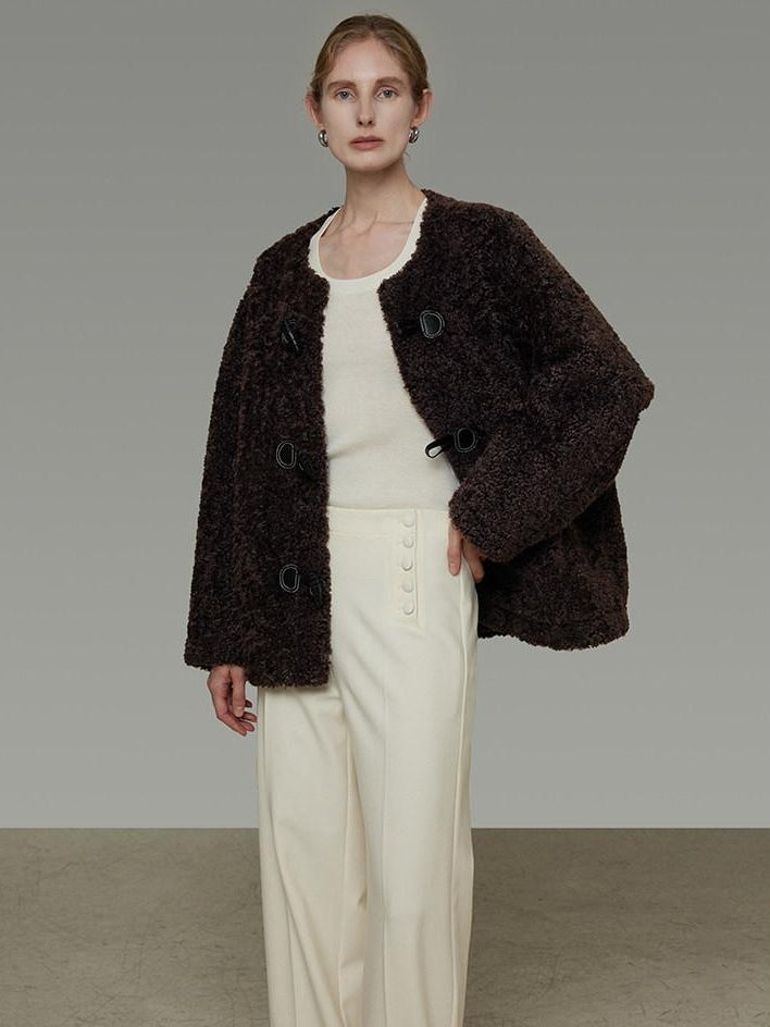 unspoken Warm Fur Lined Minimalist Commuter Loose Fit Brown Women Everyday Short Coat
