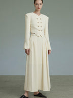 unspoken Original Design Double Breasted Cream Straight Fit Long Sleeve Top & Skirt Sets