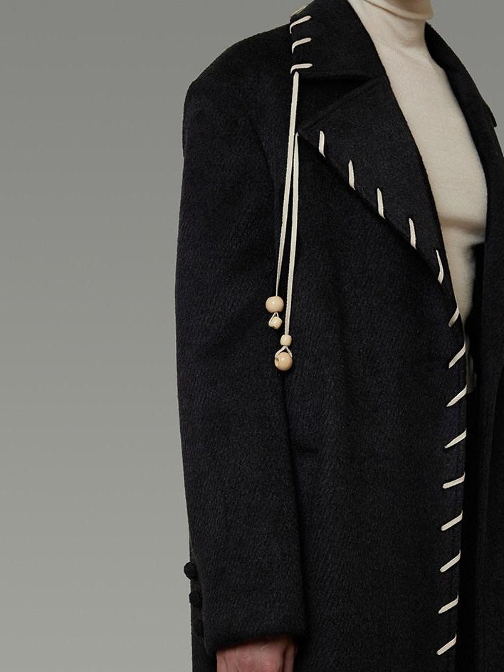unspoken Sheep Wool Blend 3D Cut Straight Office Black Lapel Long Sleeve Long Coats
