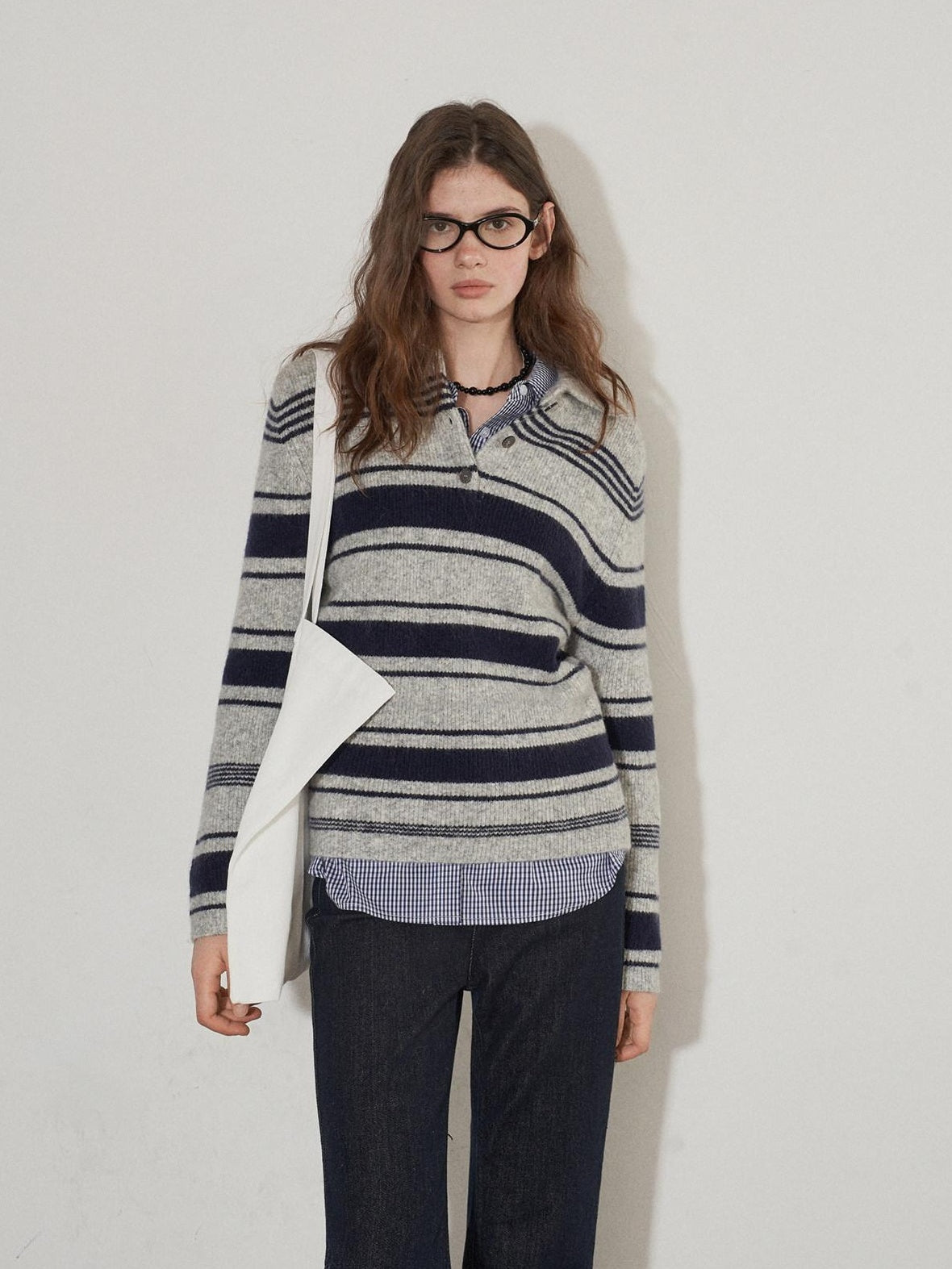 Lofi choose Soft Acrylic Wool Blend Striped Polo Collar Loose Fit Office Knitwear Sweaters