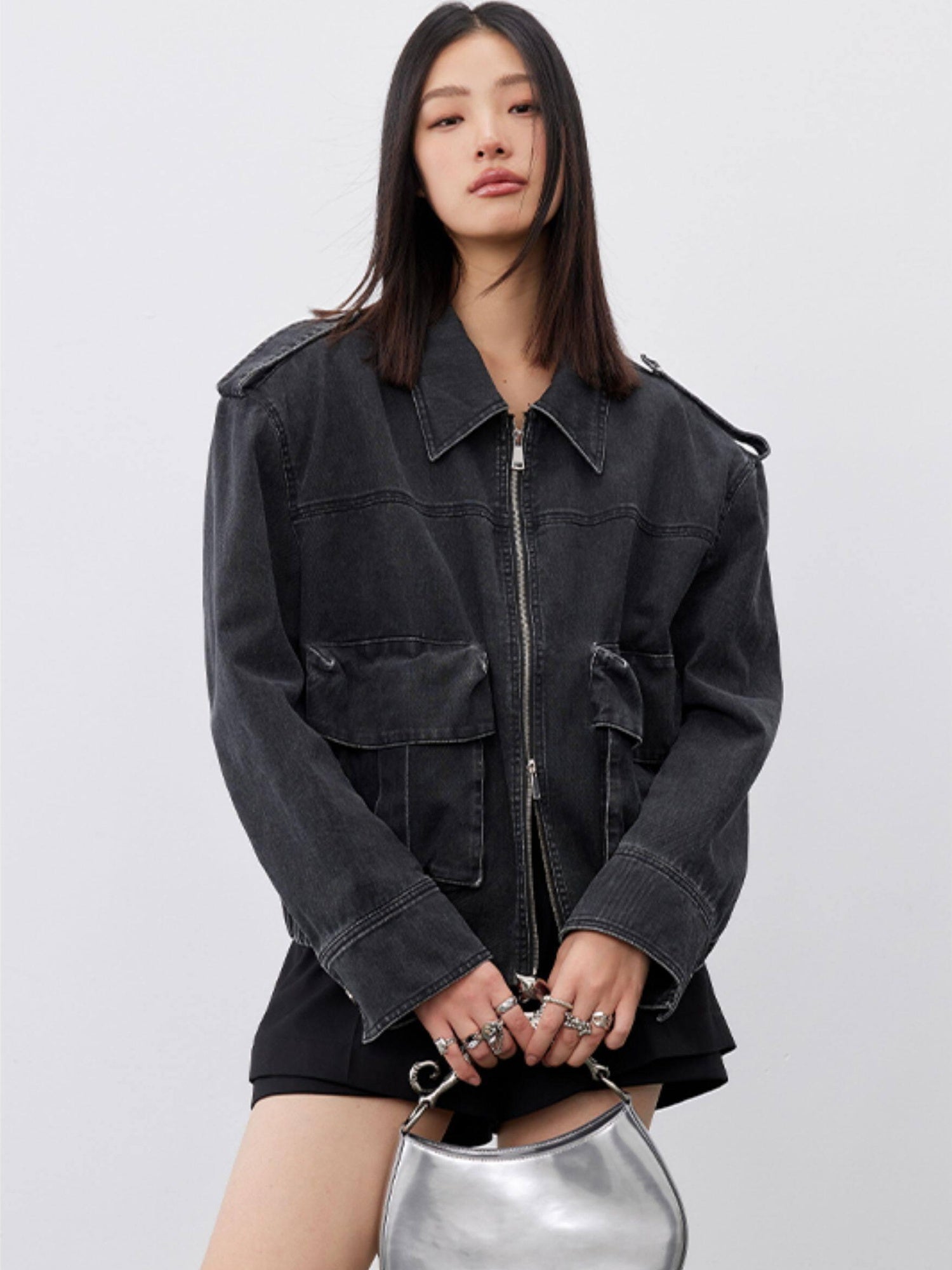 audreyyang Cotton Loose Commuter Lapel Zipper Long Sleeve Women Ash Gray Cropped Jackets