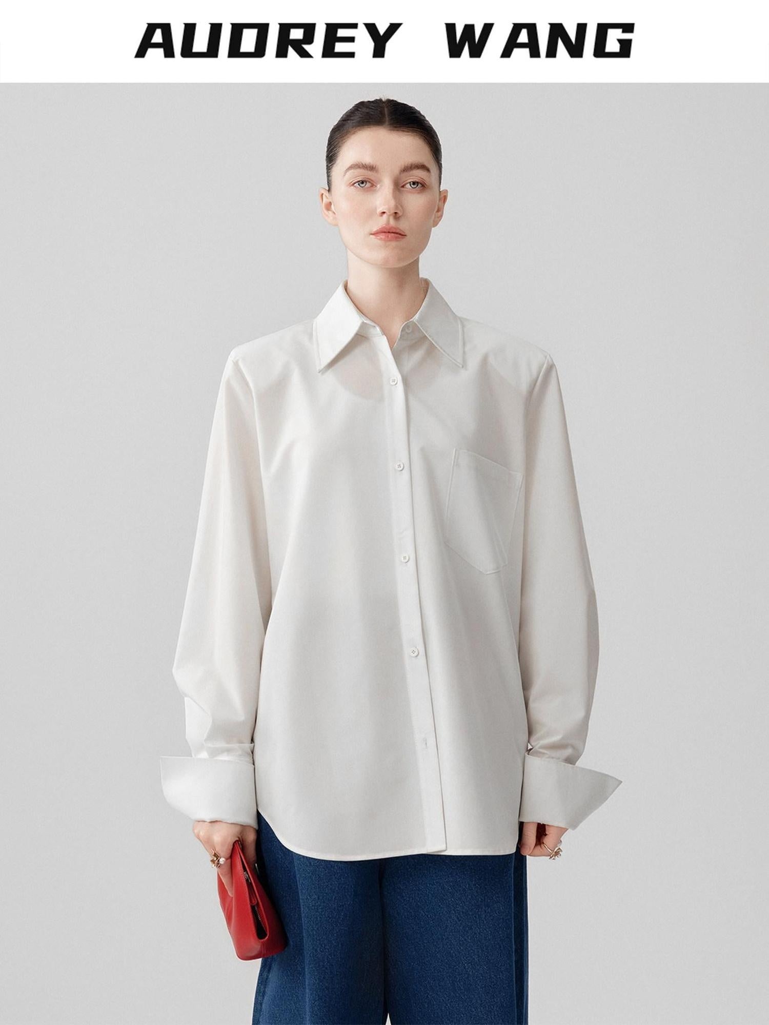 audreyyang Comfortable Polyester Blend Loose Lapel Button Long Sleeve Commuter White Shirts
