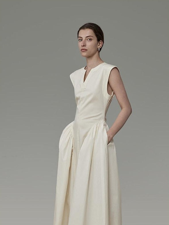unspoken High Waist Colorblock V-neck Sleeveless Workwear A Line Cotton Maxi Dresses