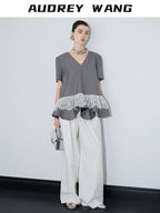 audreyyang Cotton Blend Commuter Patchwork Loose V-neck Heather Gray Short Sleeve T-Shirts