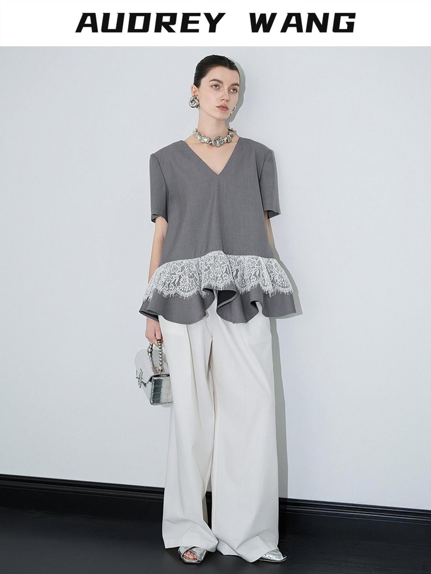 audreyyang Cotton Blend Commuter Patchwork Loose V-neck Heather Gray Short Sleeve T-Shirts