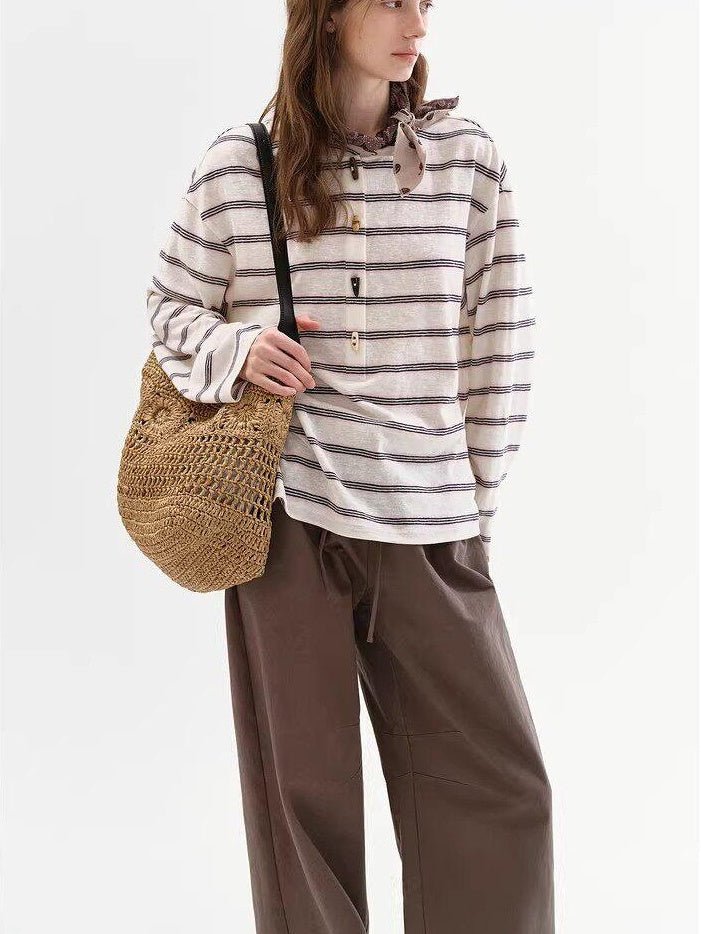 fano Cotton Blend Relaxed Loose Round Neck Women Striped Long Sleeve T-Shirts
