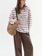 fano Cotton Blend Relaxed Loose Round Neck Women Striped Long Sleeve T-Shirts