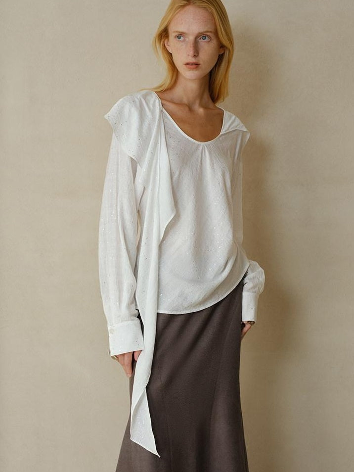 someonesometimes Cooling French Loose Round Neck Sparkle White Nylon Long Sleeve Blouses
