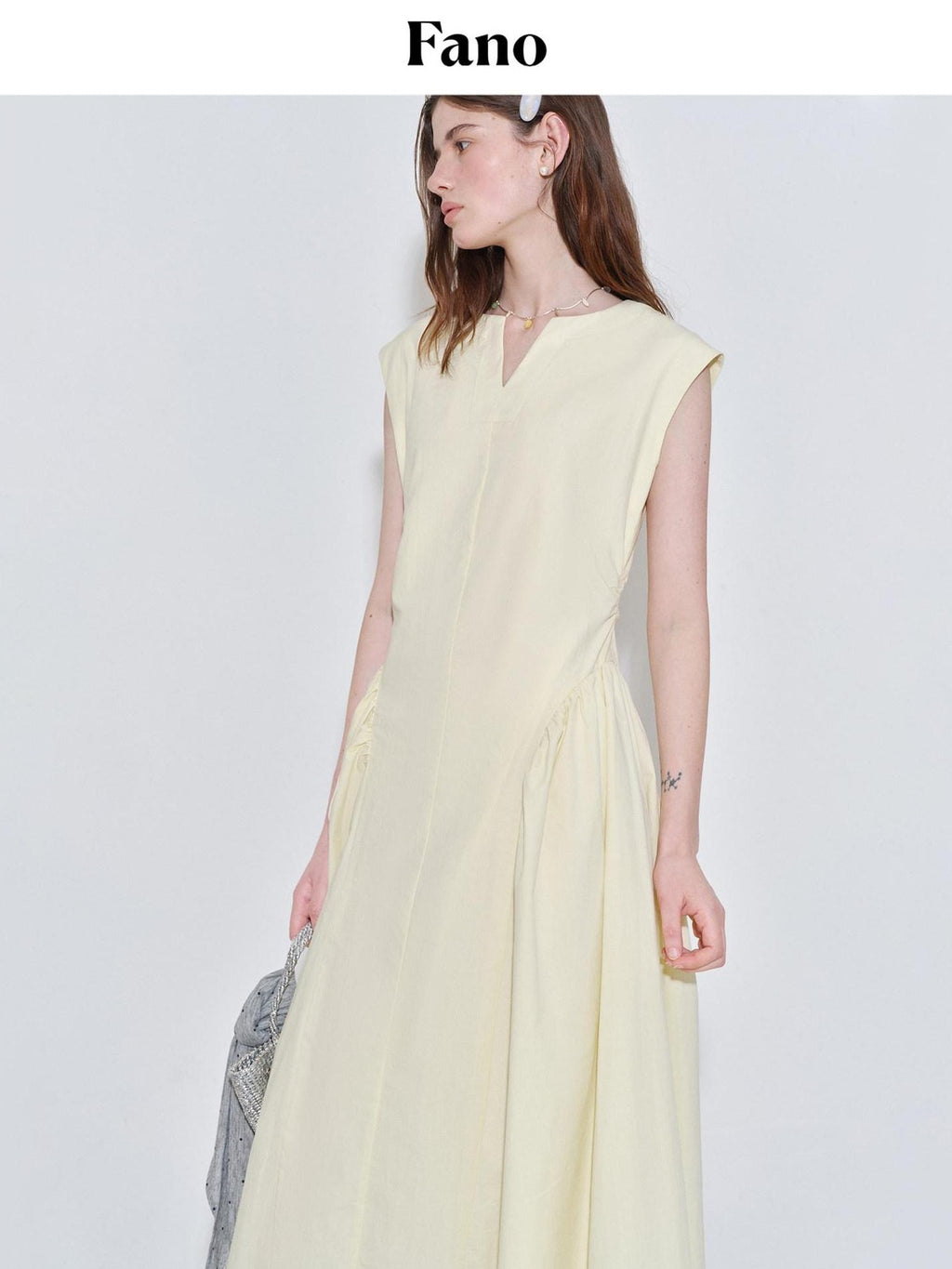 fano Pure Cotton Minimalist V-neck Sleeveless A Line Casual Women Yellow Maxi Dresses