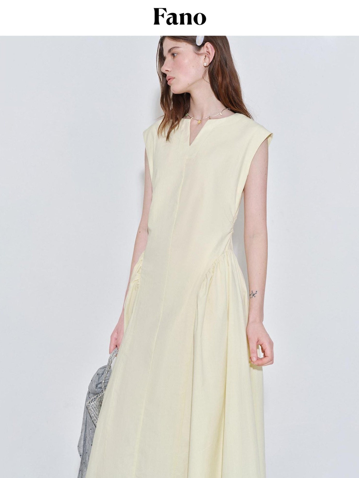 fano Pure Cotton Minimalist V-neck Sleeveless A Line Casual Women Yellow Maxi Dresses