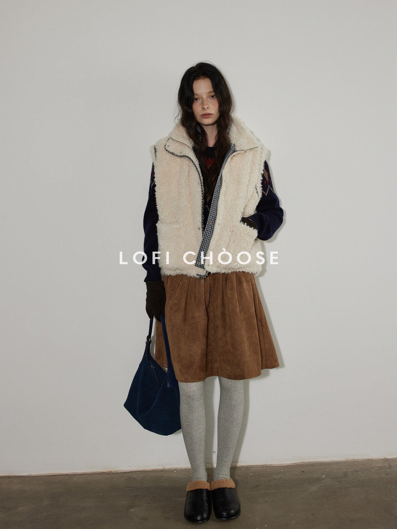 Lofi choose Warm Thick White Duck Down Loose Commuter Lapel Collar Zipper Blue Vests