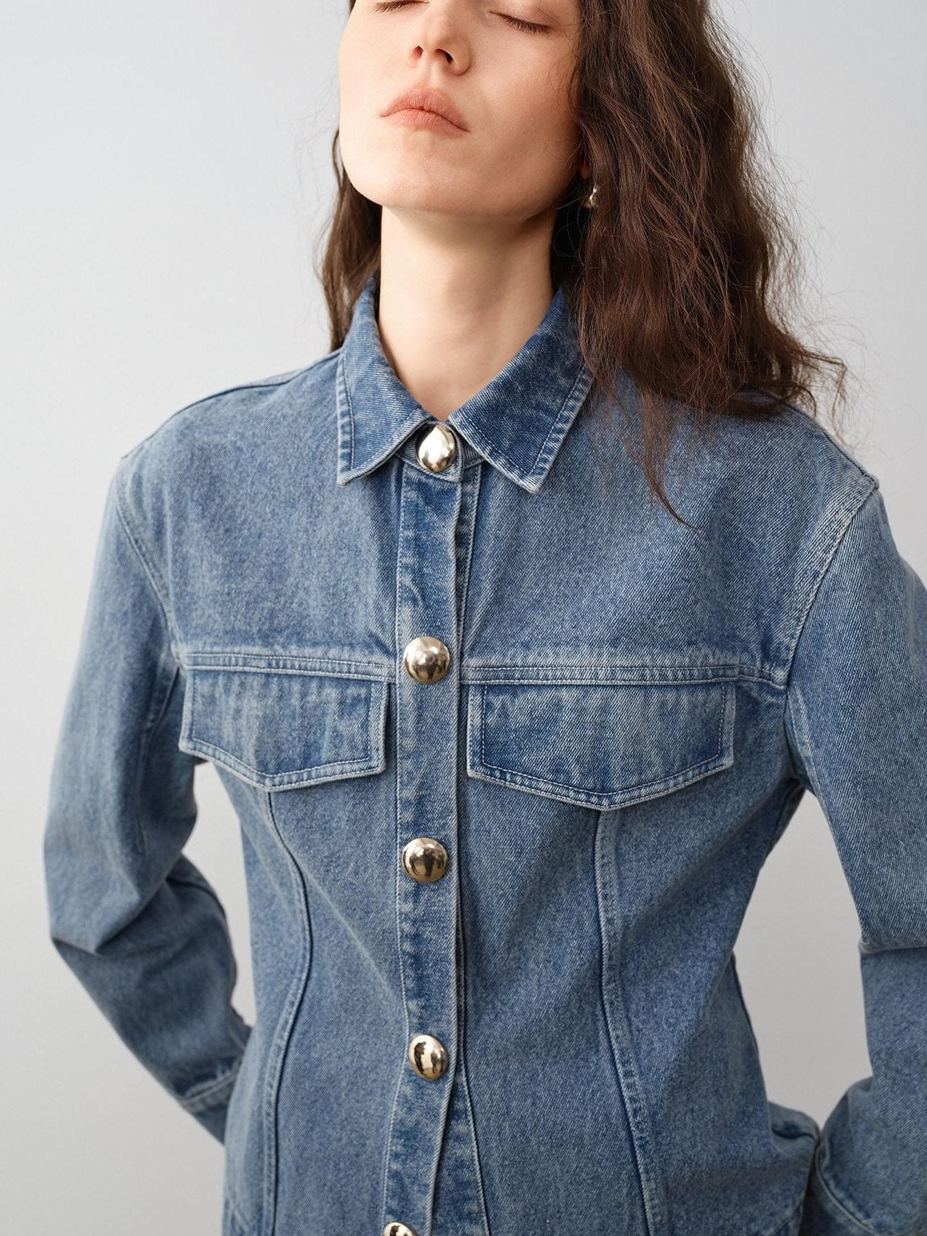 audreyyang 100% Cotton Vintage Loose Fit Button Long Sleeve Denim Women Top & Pants Sets