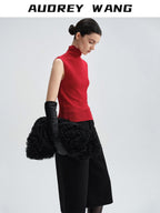 audreyyang Soft 100 Percent Wool High Neck Fitted Women Off Shoulder Crop Tops