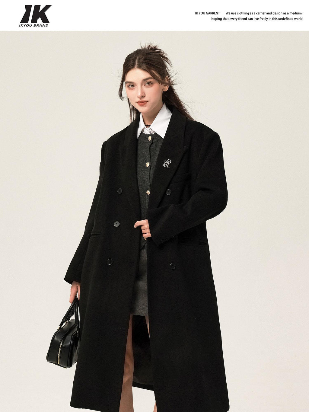 ikyou Wool Blend Double Breasted Straight Mid Length Office Tailored Black Long Coats