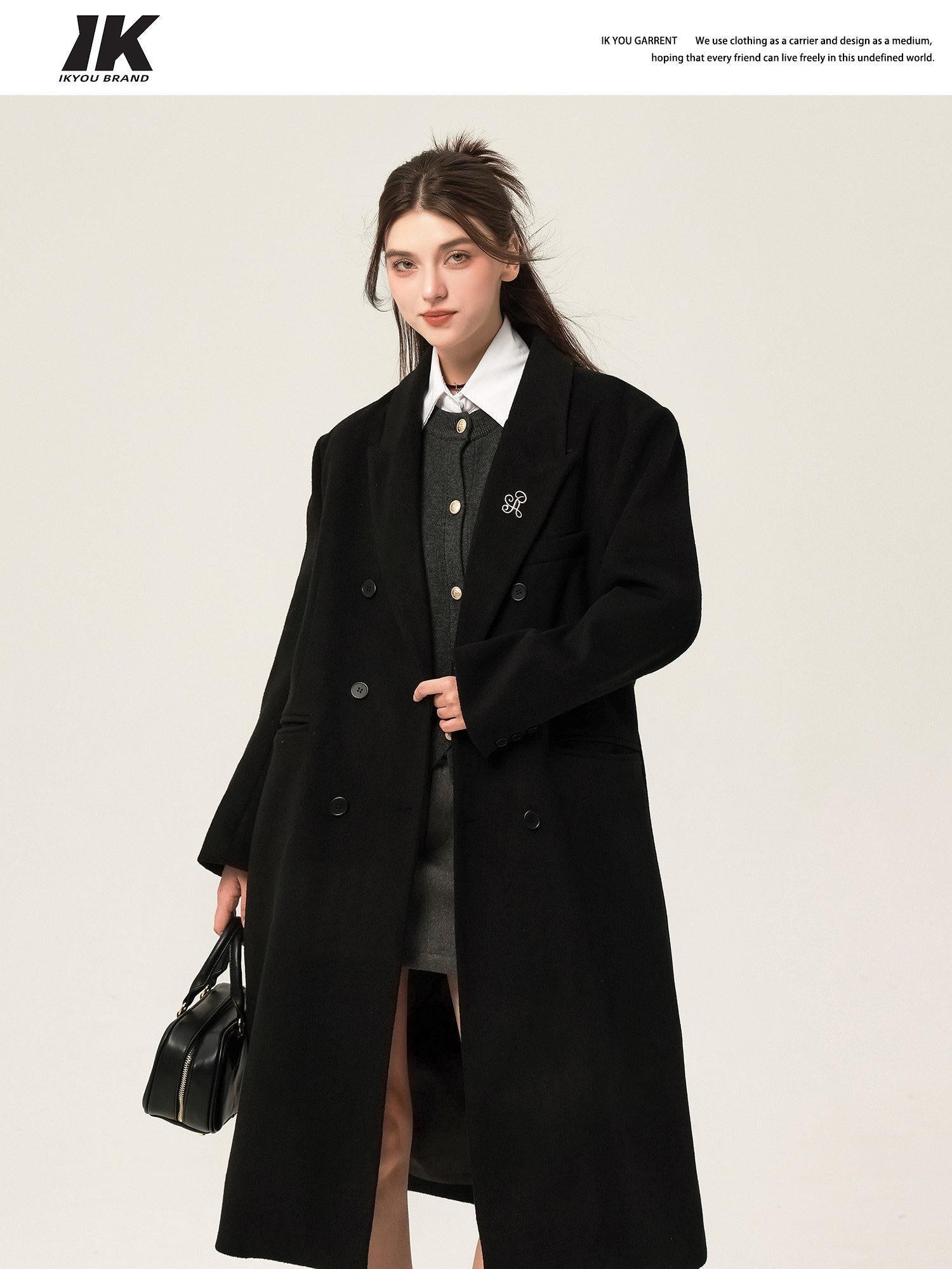 ikyou Wool Blend Double Breasted Straight Mid Length Office Tailored Black Long Coats