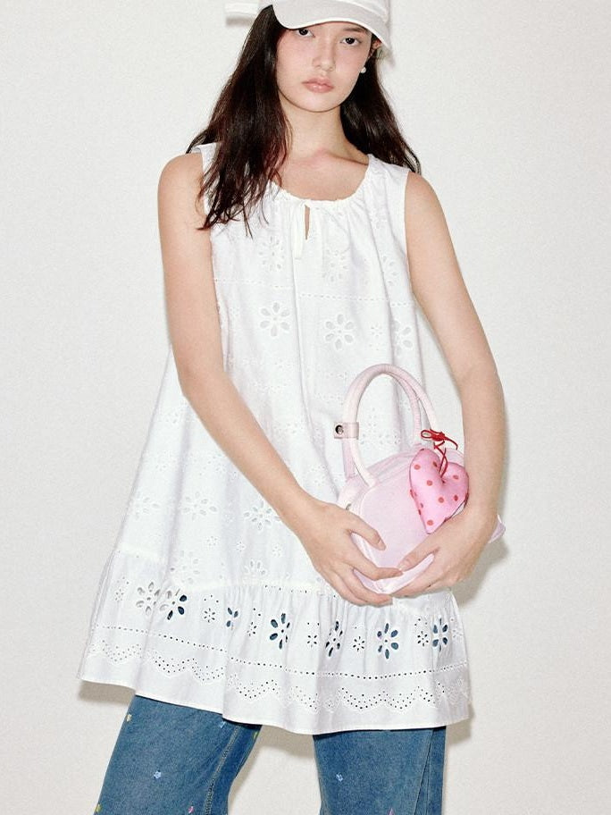 fano 100 Percent Cotton Embroidery A Line Loose Waist Sleeveless Office Midi Dresses