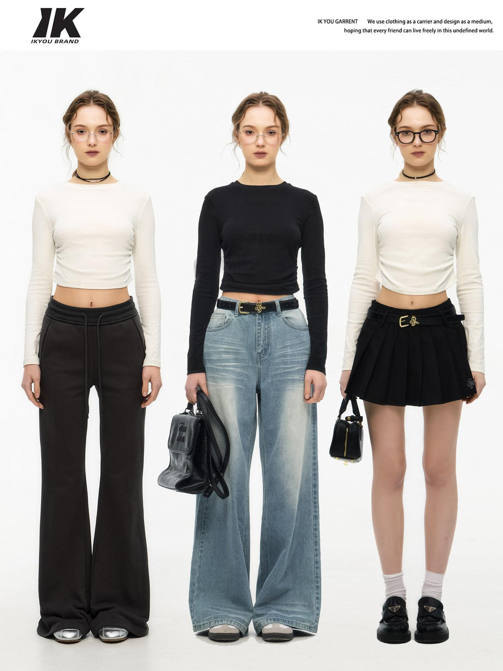 ikyou Slim Drawstring Long Sleeve Combed Cotton Crewneck Black White Basic Crop Tops
