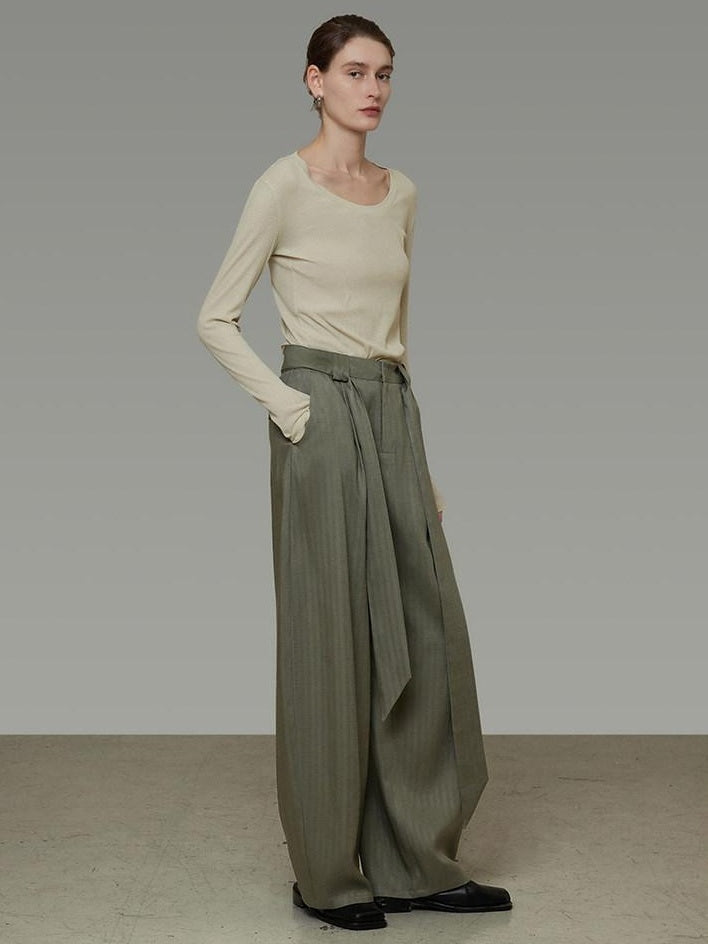 unspoken Sexy High Waist Striped Drawstring Straight Hem Office Breathable Wide Leg Pants