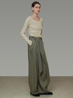 unspoken Sexy High Waist Striped Drawstring Straight Hem Office Breathable Wide Leg Pants