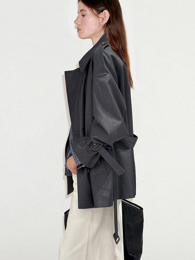 fano Double Breasted Button Front Minimal Commuter Straight Women Khaki Short Coat